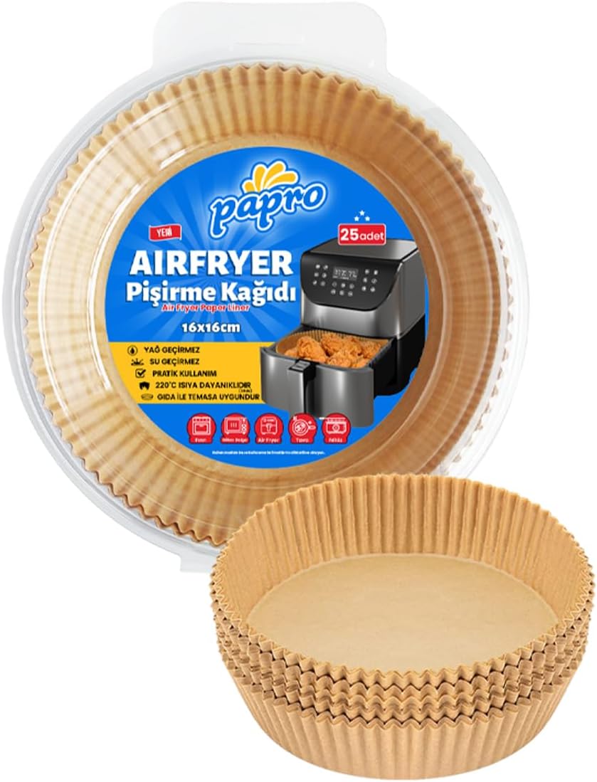 Papro Airfryer Pişirme Kağıdı,Fritöz Yağlı Kağıdı Tek Kullanımlık Fırın,Fritöz Pişirme kağıdı 25'li 16CM