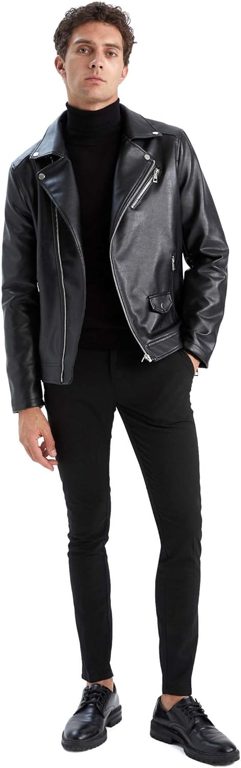 Erkek Slim Fit Suni Deri Biker Mont