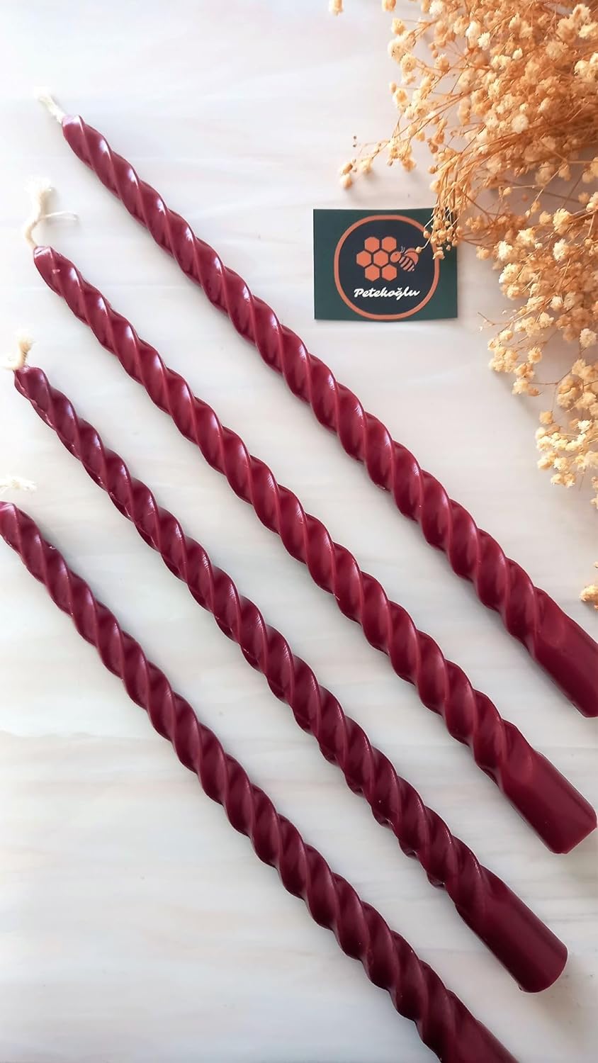 Petekoğku (4 Adet 27.5Cm Bordo) Konik Burgulu Balmumu Şamdan Mumu Doğal Petek Balmumu Mum Dekoratif Beeswax Candle