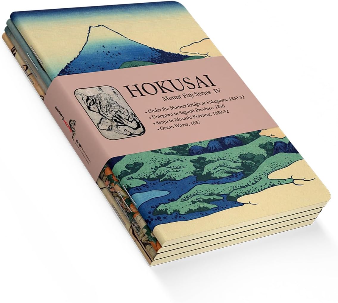 Mount Fuji Series IV - A5, Hokusai 4'lü Defter Seti IV, Çizgisiz, Toplam 256 Sayfa, Her biri 64 Sayfa, Tel Dikiş, Esnek Kapak, Oval Kenar, Tuval Doku, 60 gram, Sarı Krem Renk