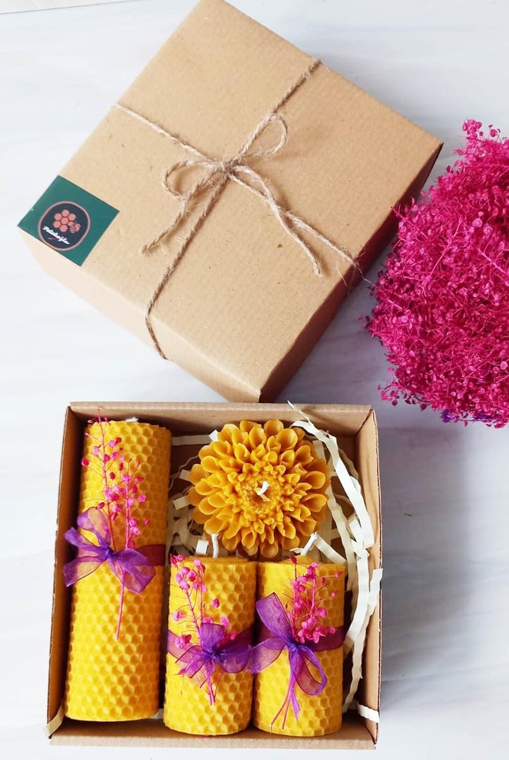 Dekoratif Doğal Petek Balmumu Mum Büyük Çiçekli Set Bal Mumu Mum Beeswax Candle 4 Lü Set