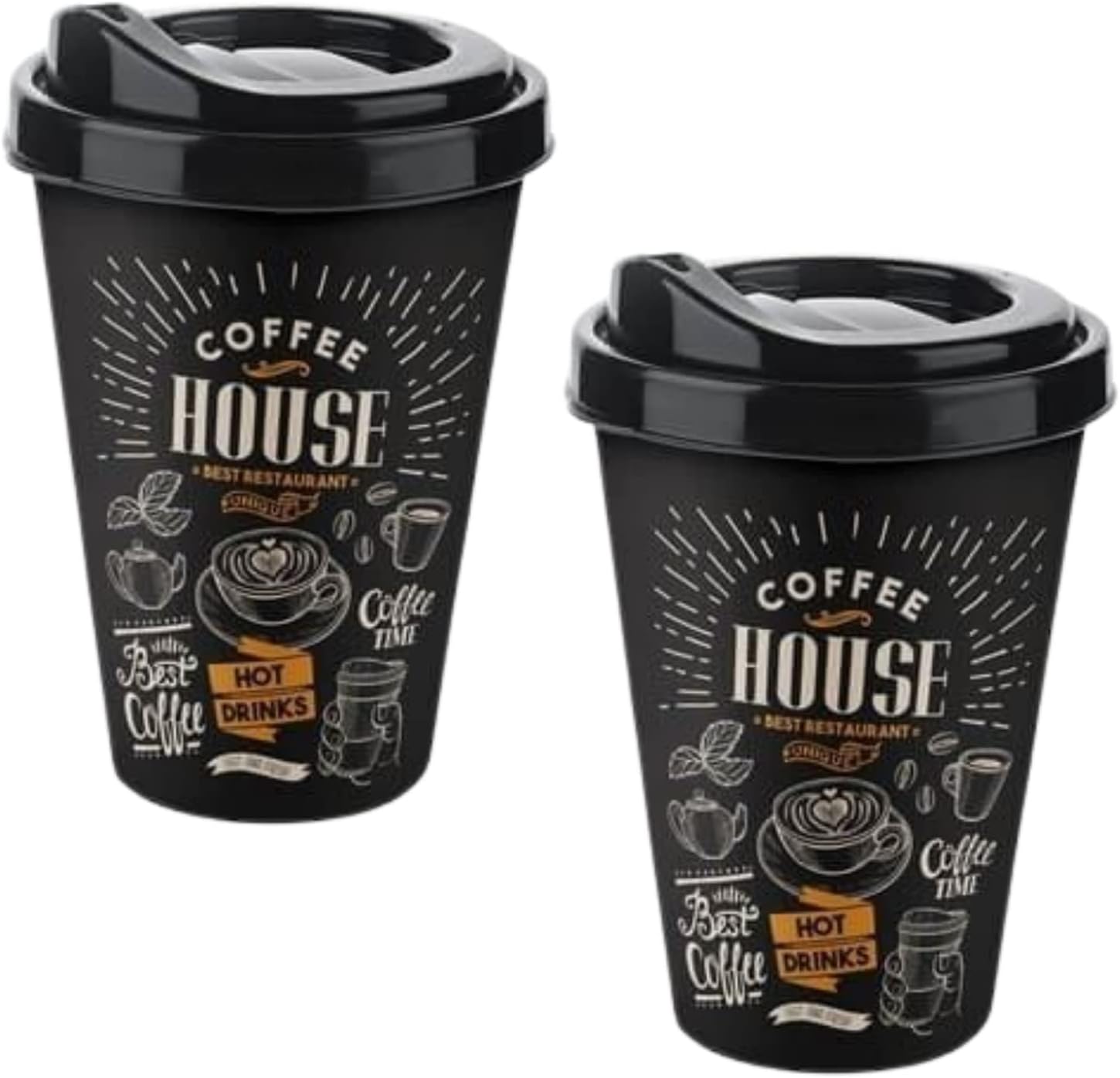 Plastik Kahve Bardağı Dekoratif Unisex Termos Mug Piknik Ev İş Okul Desenli Coffee Cup 400ml Renkli (Coffee House, 2)