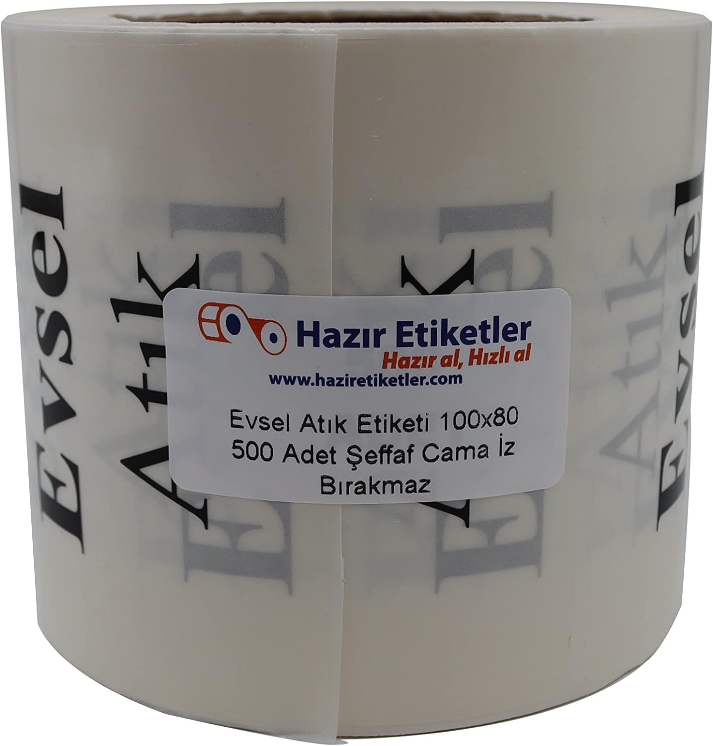 Şeffaf Evsel Atık Etiketi Rulo Etiket, 100mm x 80mm 500 Adet, Şeffaf Üzeri Siyah Renk Evsel Atık Baskılı Etiket, Hastane Etiketleri, Uyarı Çıkartmaları