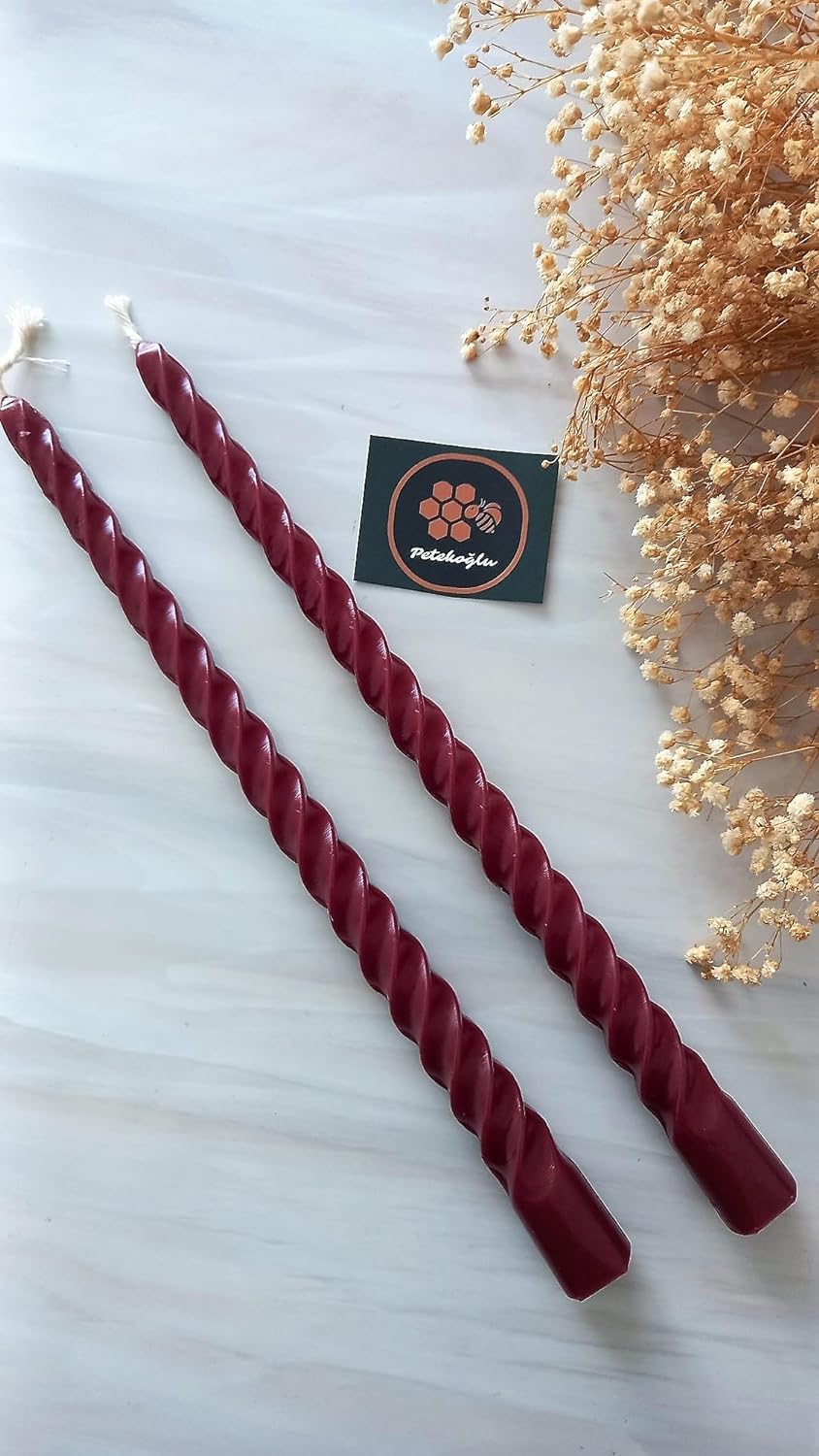 (2 Adet Bordo 27.5Cm) Konik Burgulu Balmumu Şamdan Mumu Doğal Petek Balmumu Mum Dekoratif Beeswax Candle