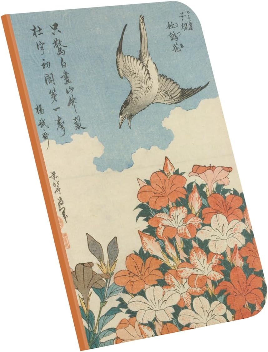 Cuckoo and Azaleas, Hokusai 1834, A4 Defter VI, Çizgisiz, Toplam 64 Sayfa, Tel Dikiş, Esnek Kapak, Oval Kenar, Tuval Doku, 60 gram, Sarı Krem Renk, 21x29,7x0,5cm