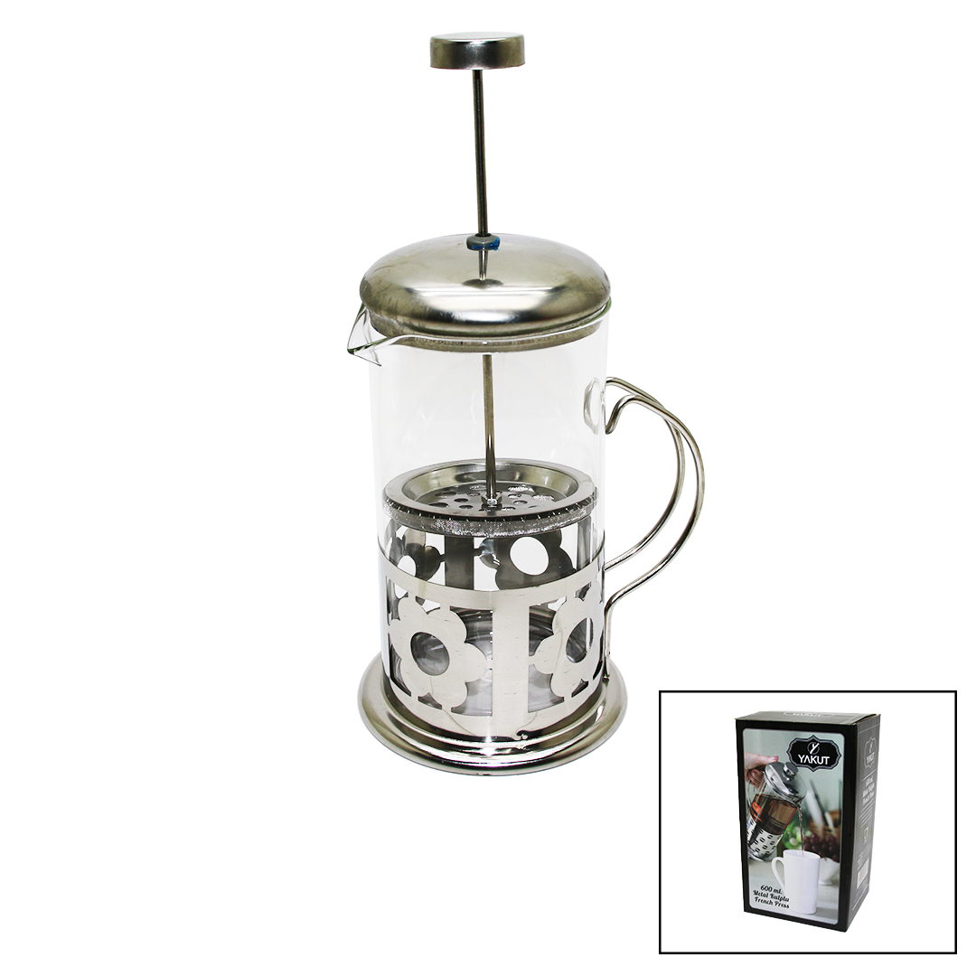 FRENCH PRESS 600ML CAM BİTKİ SÜZGEÇİ METAL KAFES - KAPAK (606)