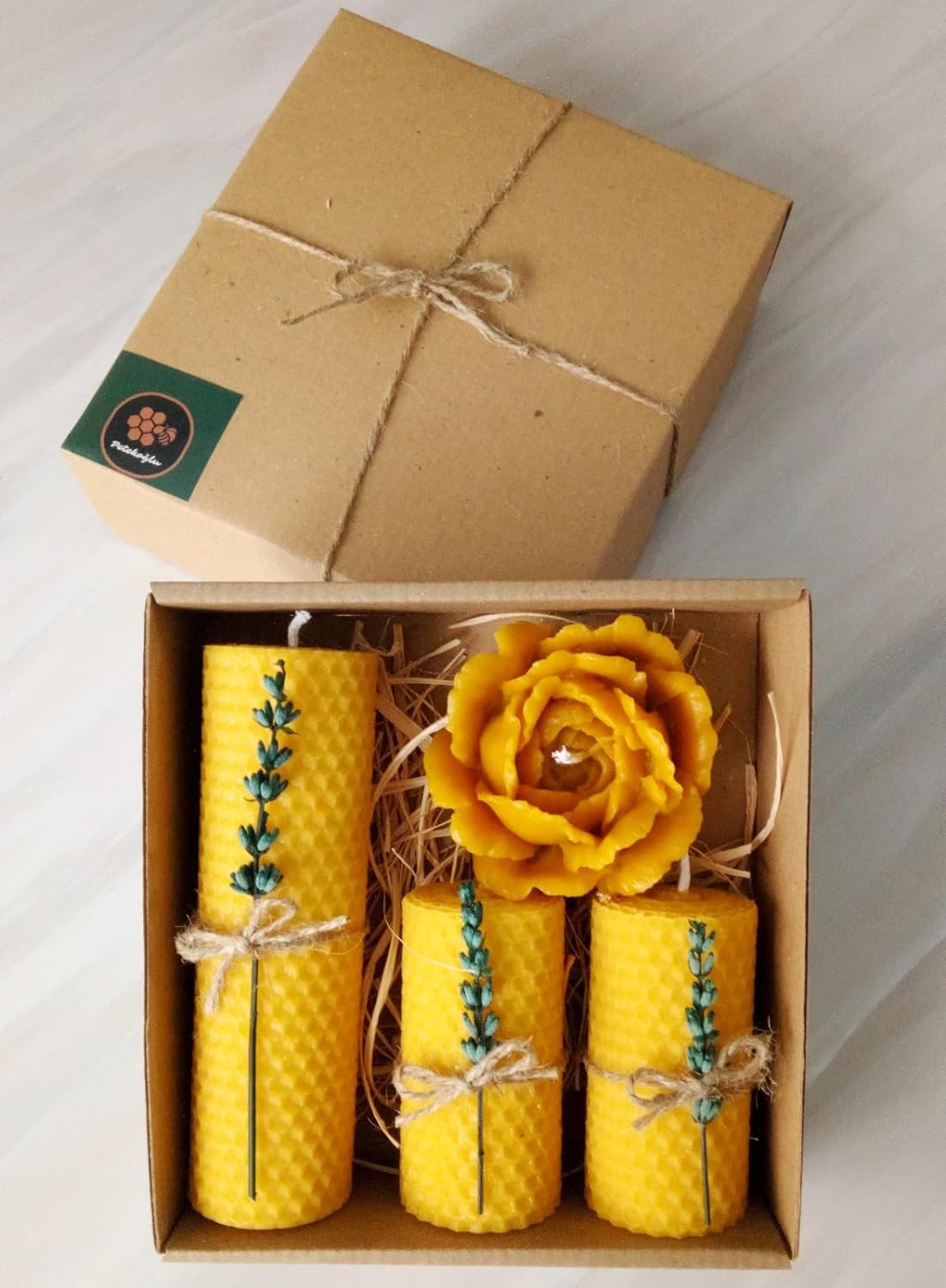 Balmumu Mum Dekoratif Lavanta Süslü Sarma Ve Dökme Açmış Gül Seti Lavanta Süslemeli Beeswax Candle For Gift For Heme