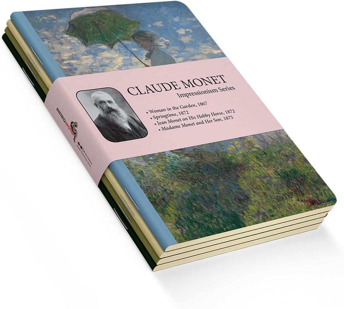 Impressionism Series - A5, Claude Monet 4'lü Defter Seti I, Çizgisiz, Toplam 256 Sayfa, Her biri 64 Sayfa, Tel Dikiş, Esnek Kapak, Oval Kenar, Tuval Doku, 60 gram, Sarı Krem Renk