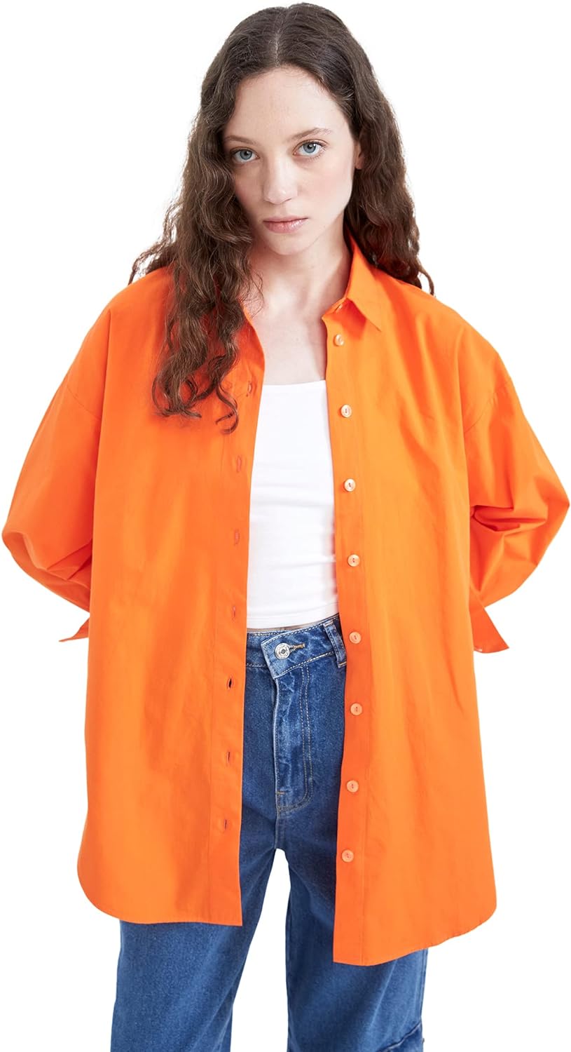 Kadın Oversize Fit Gömlek Yaka Poplin Uzun Kollu Tunik