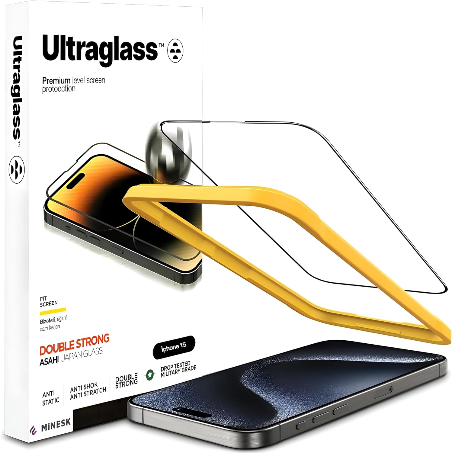 iphone 15 için Super Güçlü Çizilmeye ve Darbeye Dayanıklı Hizalama Aparatlı Yüksek Kalite Ekran Koruyucu ( Ultra Glass, iphone 15)