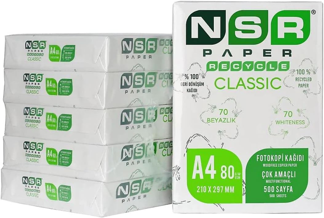 NSR PAPER Classic Geri Dönüştürülmüş A4 Fotokopi Kağıdı 80 Gr 5'li koli - 5x 500 = 2500 Yaprak Ürün Rengi%70 Beyazdır