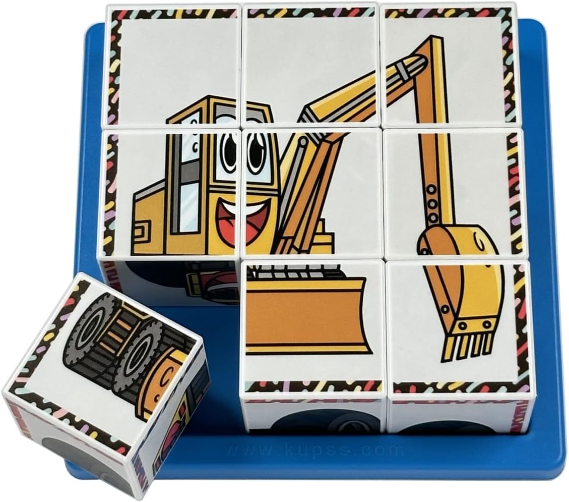 Çalışkan Araçlar 3D Küp Puzzle - (9 Küp 6 Yapboz) - Kepçe/İtfaiye/Traktör/Vinç/Kamyon/Forklift