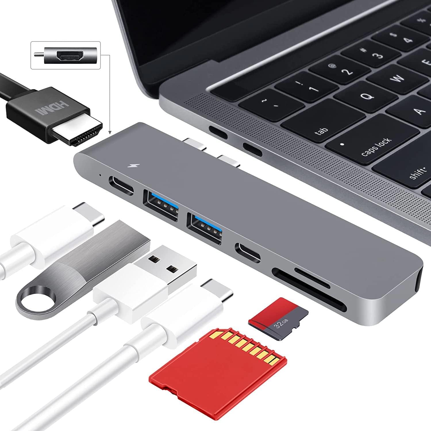 TR-80 MacBook Pro Air USB Adaptör Hub, 7 in 1 4k HDMI 2x USB 3.0  3 PD Hızlı Şarj