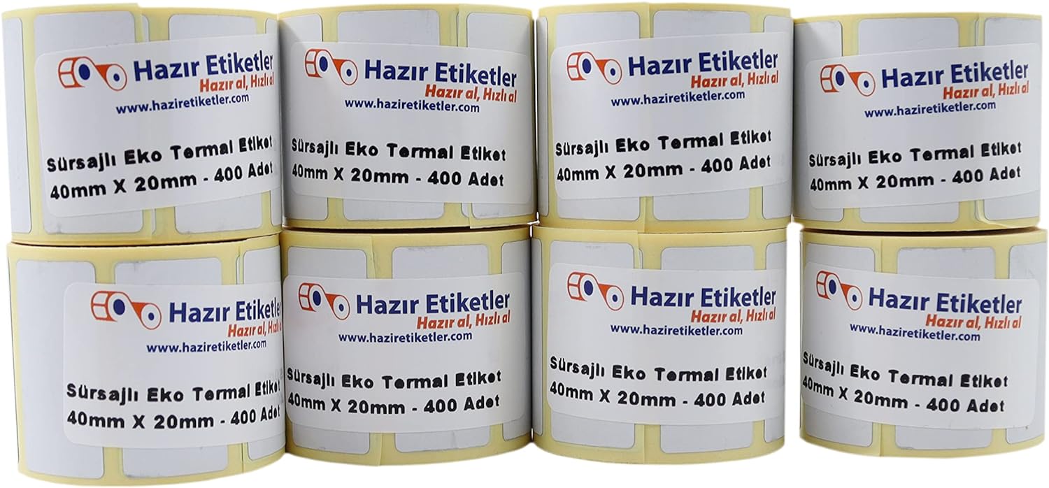 Eko Termal Etiket(Sürsajlı) 40mm x 20mm Toplam 3200 Adet 8 Rulo, Ruloda 400 lü Sarılmış 40mm Kuka Çapında Örtücü Kapatma Etiketi