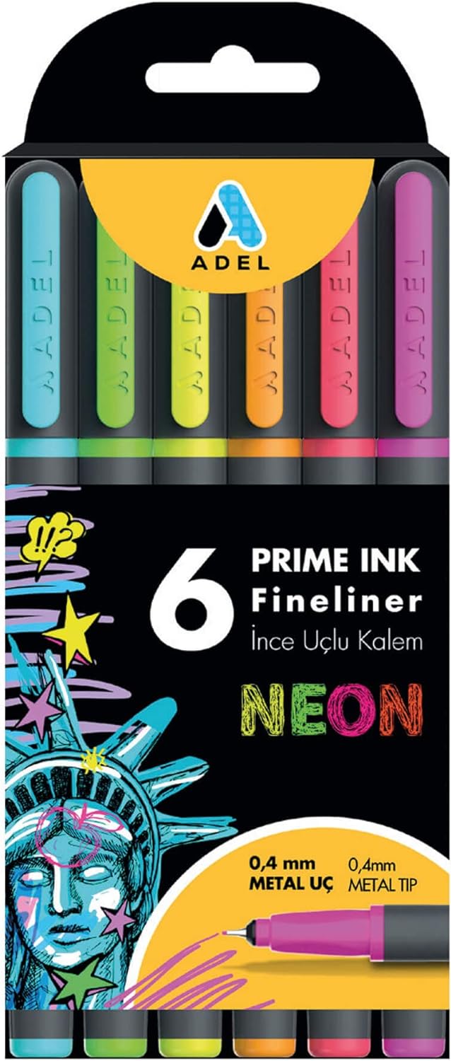 ADEL Prime Ink Fineliner 6'lı Neon Klasik İnce Uçlu Kalem