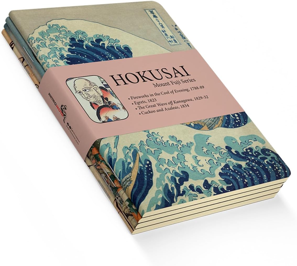 Mount Fuji Series I - A6, Hokusai 4'lü Defter Seti I, Çizgisiz, Toplam 192 Sayfa, Her biri 48 Sayfa, Tel Dikiş, Esnek Kapak, Oval Kenar, Tuval Doku, 60 gram, Sarı Krem Renk