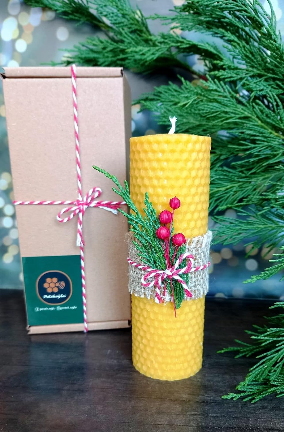 Dekoratif Doğal Petek Balmumu Mum 14Cm x 4.5Cm Sarma Tek Blok Mum Kutulu Süslü Beeswax Candle