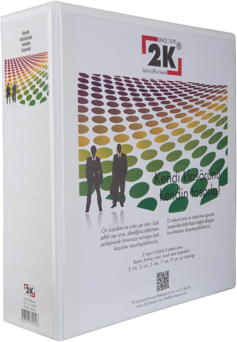 2K 09-2D-B Klasör A4 PVC/Plastik Tanıtım/Sunum/Prezentasyon/Arşiv Dosyası 9 cm. Sırt 2 Halka D Mekanizma Kutu İçin 6 Adet, Beyaz