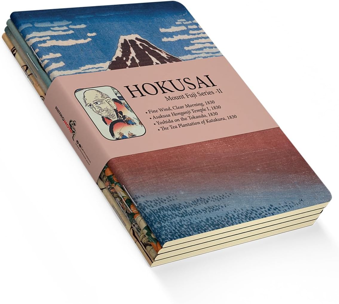 Mount Fuji Series II - A5, Hokusai 4'lü Defter Seti II, Çizgisiz, Toplam 256 Sayfa, Her biri 64 Sayfa, Tel Dikiş, Esnek Kapak, Oval Kenar, Tuval Doku, 60 gram, Sarı Krem Renk