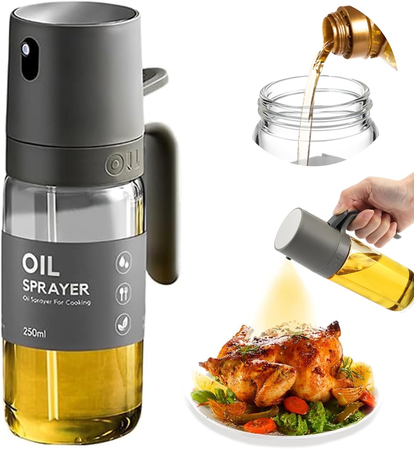 Yemek yağı için yağ püskürtücü, 250 ml yağ püskürtme şişesi, cam, zeytinyağı yağı spreyi, pişirme için yağ spreyi, sprey şişesi, sıcak hava fritözü için yağ, yağ püskürtücü, pişirme, ızgara,