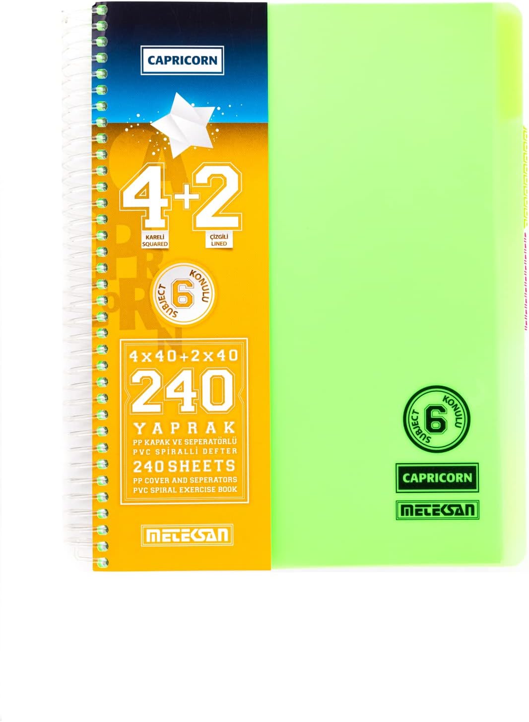 corn A4 PP Kapaklı Pet Spiralli 4+2 Konulu/Ayraçlı Defter, 240 Yaprak, Yeşil