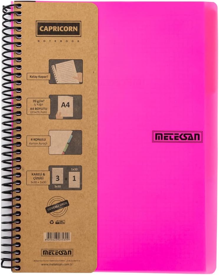 corn Neon Serisi, A4, 6 Konulu (3 Kareli, 3 Çizgili) 180 Yaprak PP Kapaklı Spiralli Defter, Pembe