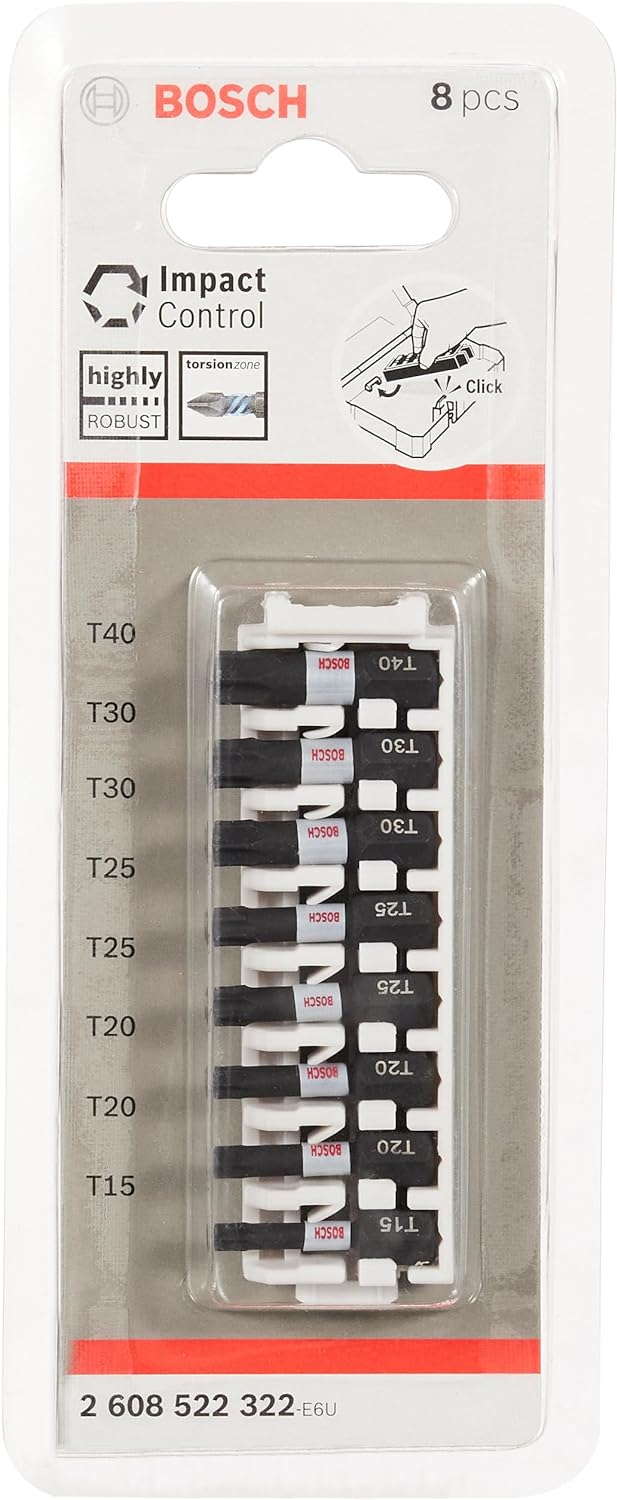 8 parçalı tornavida ucu seti Torx (Impact Control, T Bit - Uzunluk 25 mm, Pick and Click, darbeli matkap aksesuarı)