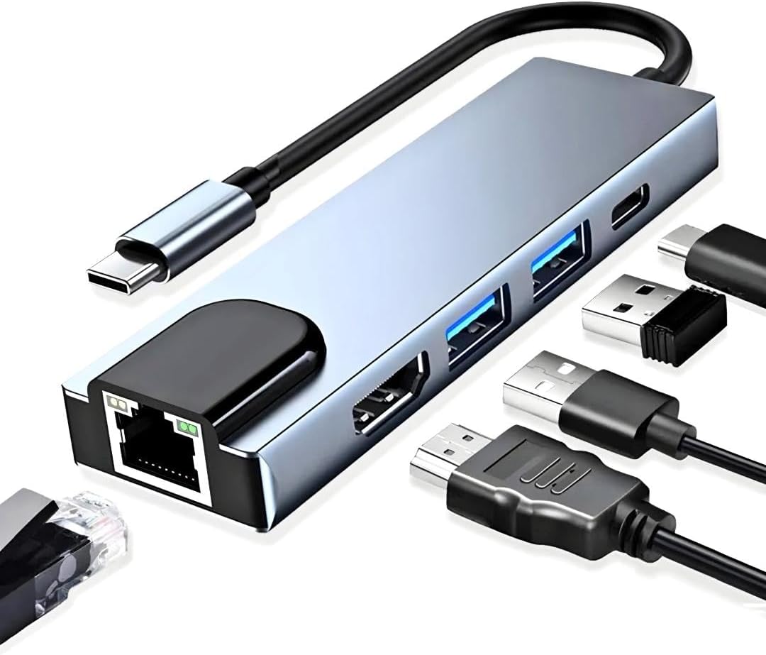 Kyrotech 5İN1 Type-C (USB-C) HDMI Hub ve RJ45 LAN (Ethernet) Adaptörü: 4K (1080p) HDMI, 2 x USB 3.0 ve Type-C USB Port Çoklayıcı Çevirici