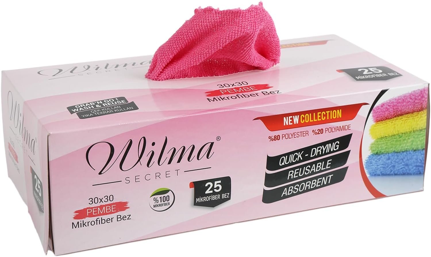 Ürün Adı: Wilma Secret fiber Temizlik Bezi Kutulu 25 Adet – Yeniden Kullanılabilir fiber Bezler 30x30cm 180GSM – Araç, Mutfak, Banyo, Ofis, Toz Bezi – Hav Tüy Bırakmaz (Pembe)