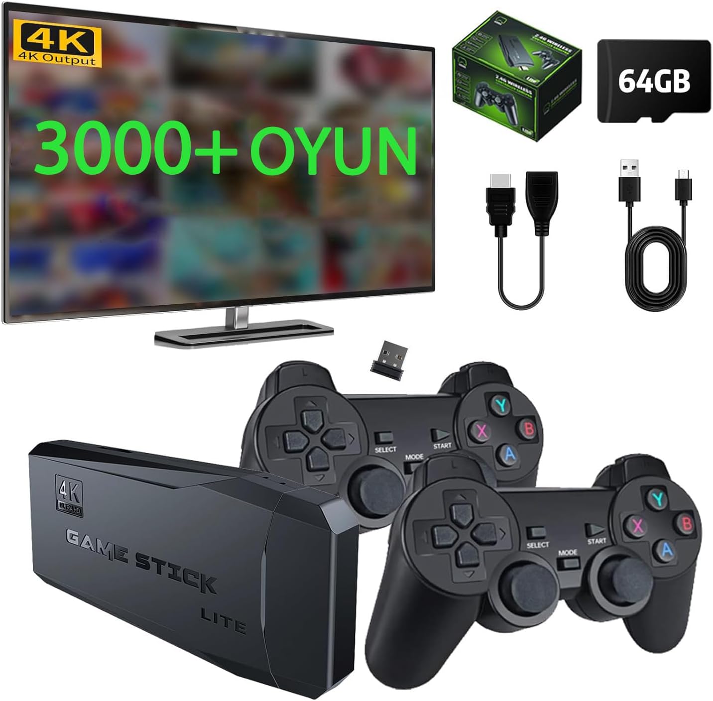 Kablosuz Çift Kol Oyun Konsolu 3000+ Oyun 4K Full HD Oyun Konsolu Game Stick TV Oyun Konsolu Atari Oyun Konsolu