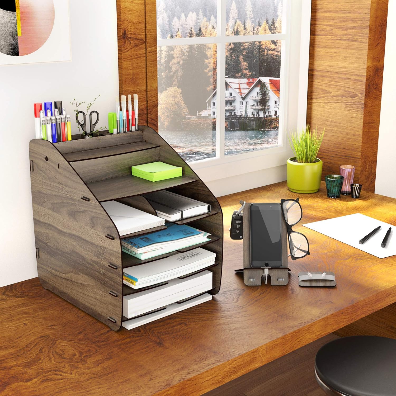 Design OTTO Large Modest - 6 Renk A4 Evrak Rafı Masaüstü Organizer Düzenleyici (Ceviz)