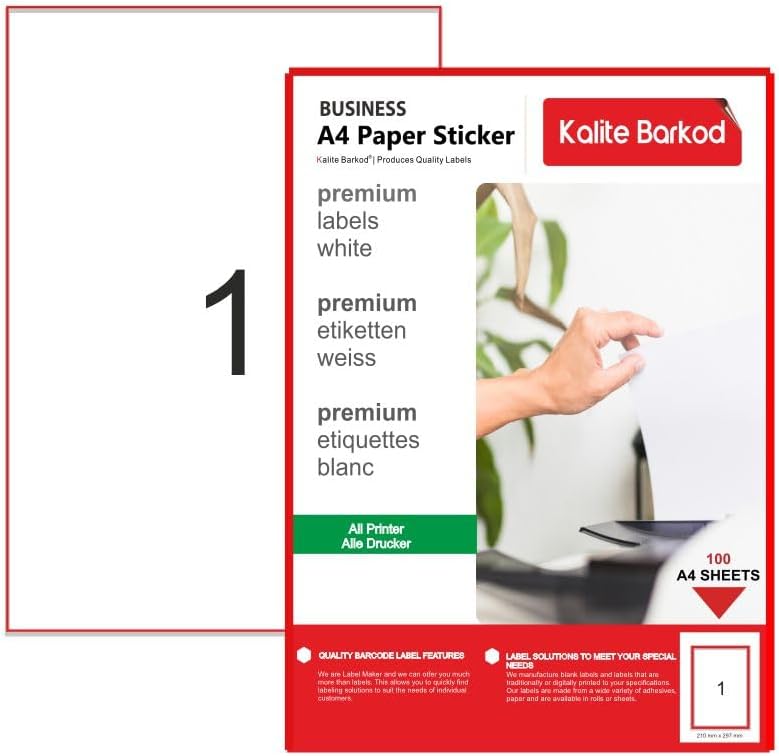 A4 Etiket Yapışkanlı | Adres etiketi 210x297 mm - 20 Sayfa Çok amaçlı Universal Etiketler - Adres Etiketler - Beyaz Etiket