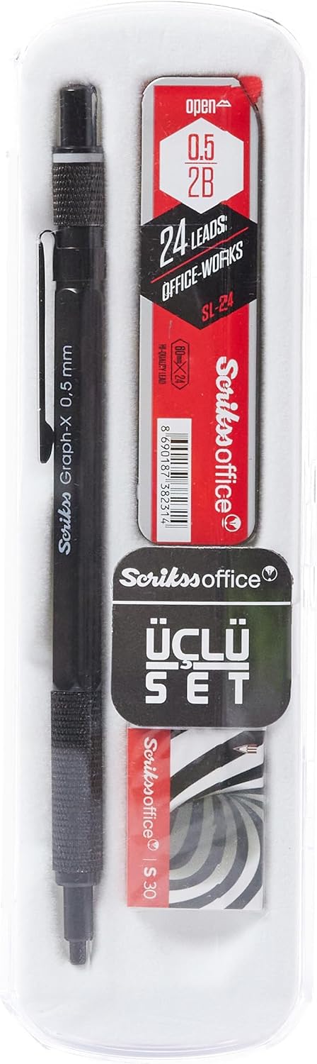 Office Graphx 3'lü Set Mekanik Kurşun Kalem Silgi Min Mat Siyah 0.5 Mm