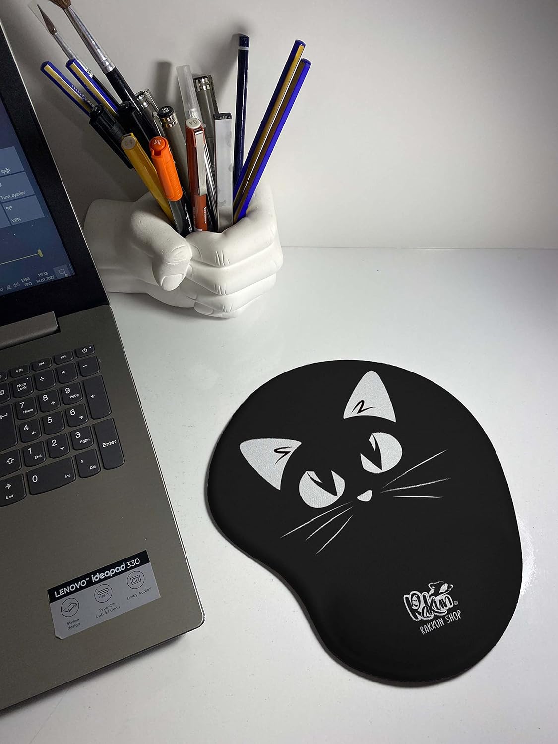 - Siyah Beyaz Kedi Baskılı Bilek Destekli Mouse Pad