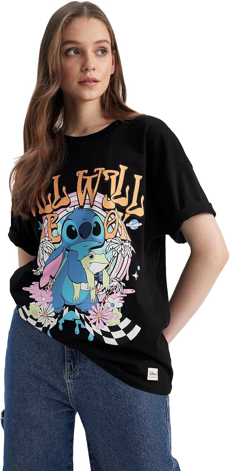 Kadın  Lilo & Stitch Oversize Fit Sırt Baskılı Kısa Kollu %100 Pamuk Tişört