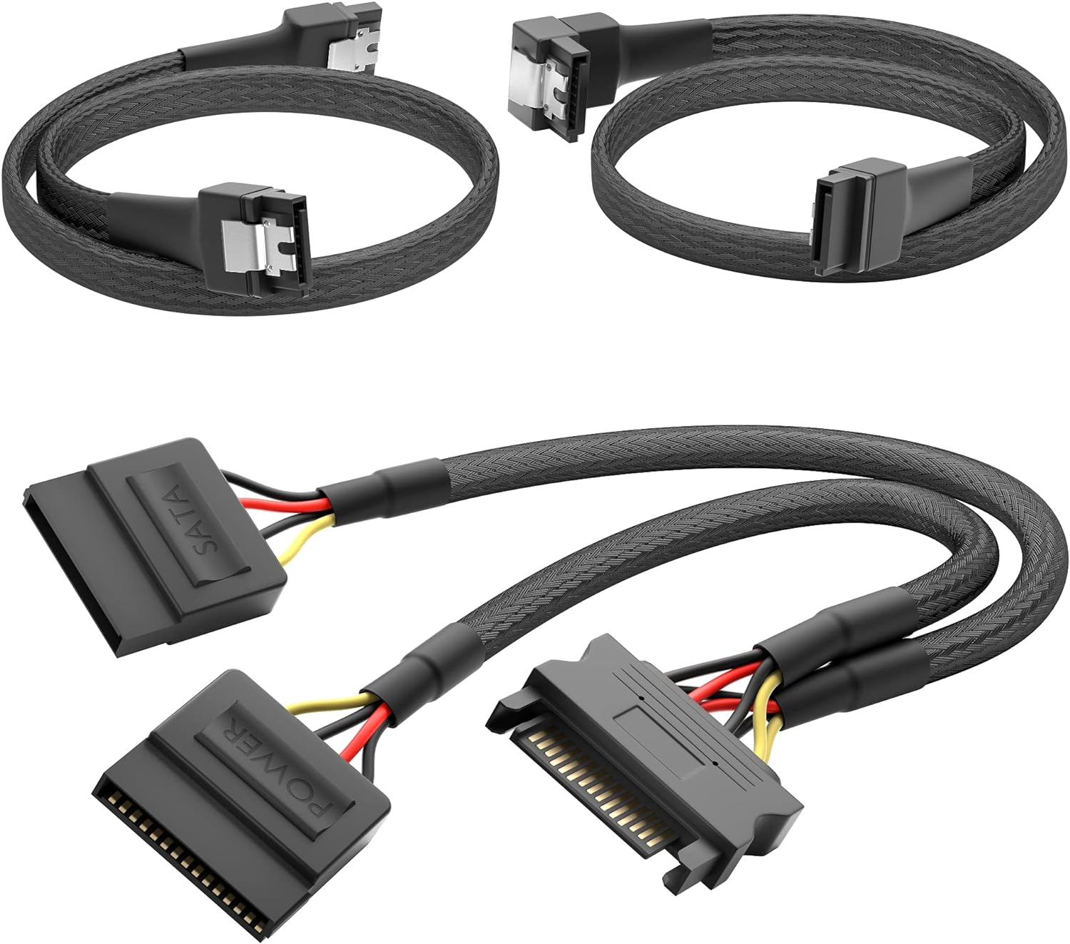 – 15 pin SATA - 2 x 15 pin SATA güç kablosu (30 cm ve 7 pin SATA 3 veri kablosu 6 Gbit/s 90° açılı 60 cm ve 7 pin SATA 3 veri kablosu 6 Gbit/s 60 cm)