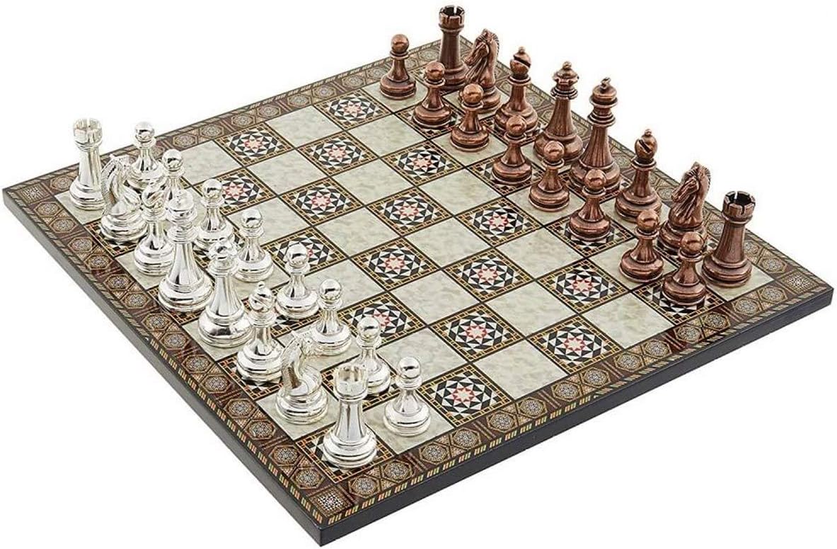 Metal Klasik Satranç Takımı Antik ve Sedef Desenli MDF Ahşap Satranç Tahtası (37x37 cm.)