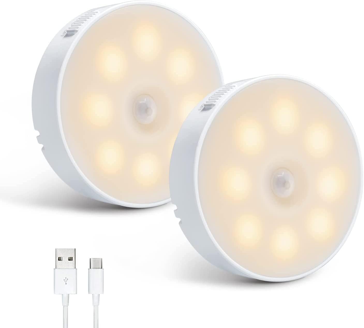 Butilove Hareket sensörlü gece lambası, 2 adet, 8 LED USB pilli gece lambası, 3 modlu, açma/kapama modlu, sıcak beyaz ışık, çocuklar, yetişkinler, banyo, dolap, merdiven, koridor için uygundur