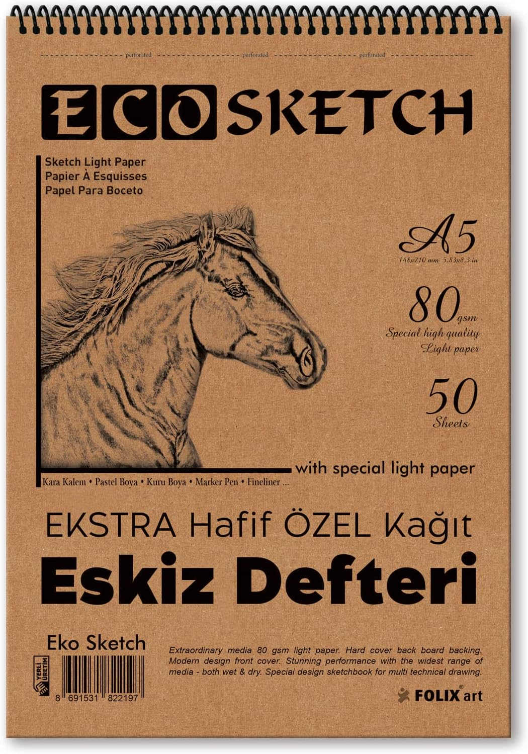 EKOSketch Eskiz Defteri A5 80 gr. 50 yaprak Spiralli Folix Sketchbook