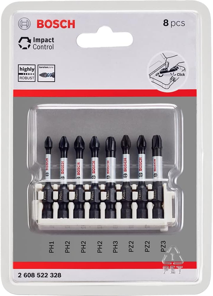 Professional 8 parçalı tornavida ucu seti (Impact Control, PZ/PH uçlar - Uzunluk: 50 mm, evrensel tutucu, pick and Click, darbeli matkap aksesuarı