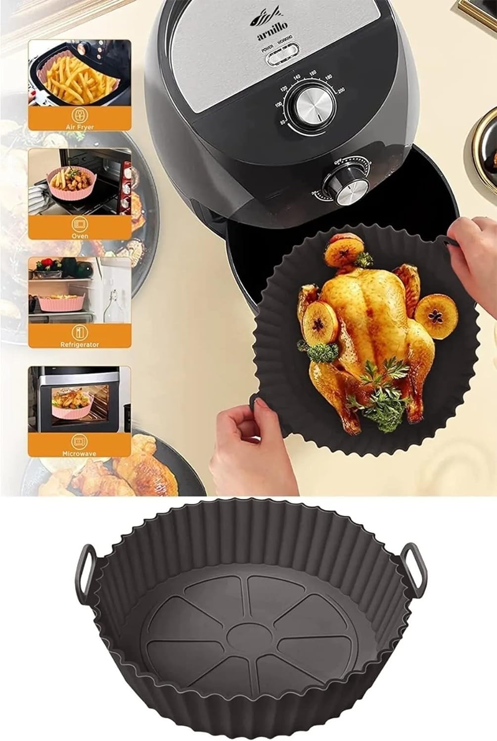 Airfryer Silikon Pişirme Kabı - Hava Fritözü Kalıbı Air Fryer Aksesuar Pişirme Kabı - Tüm Airfryer'lara Uyumlu (Siyah)