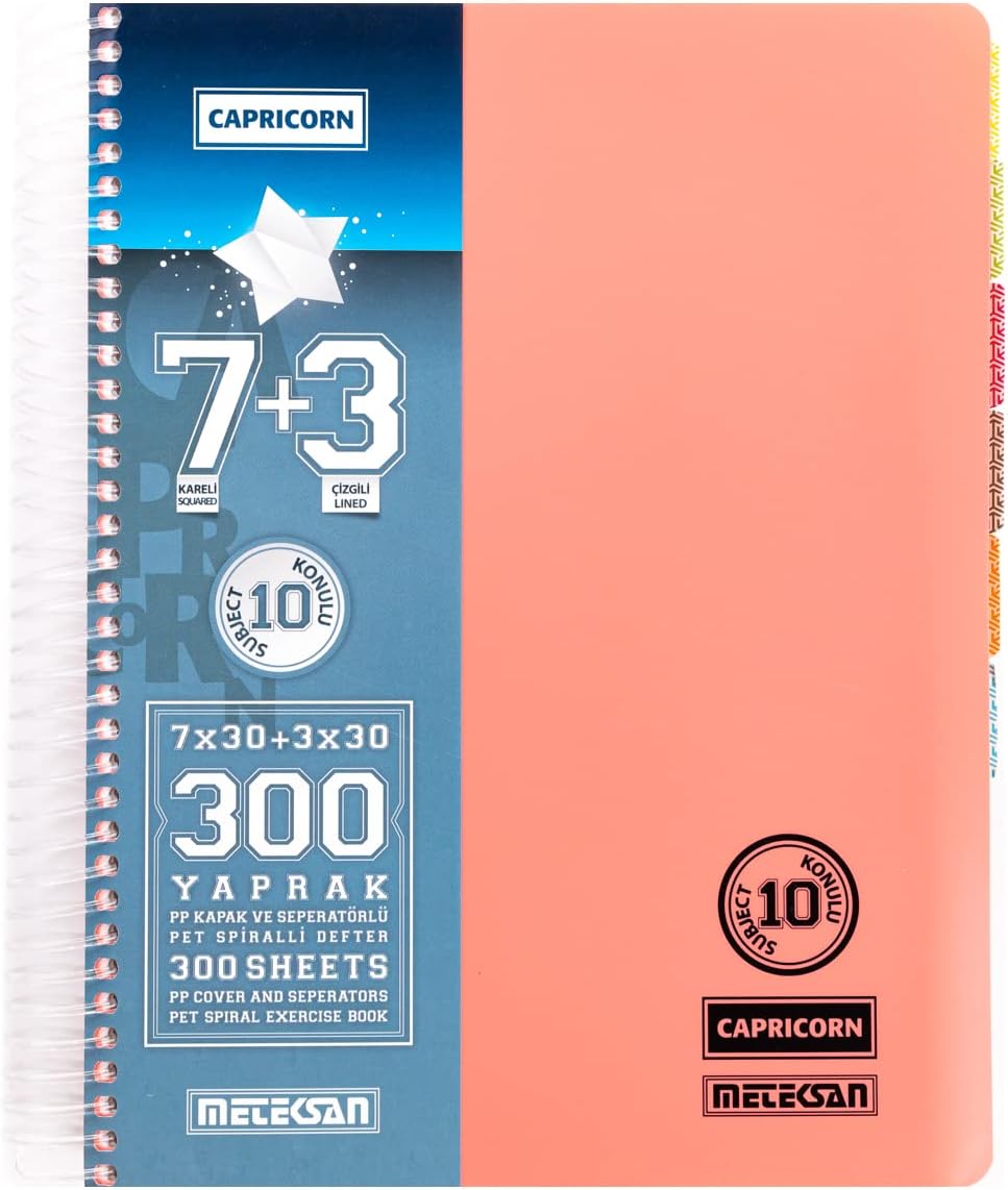 corn A4 PP Kapaklı Pet Spiralli 7+3 Konulu/Ayraçlı Defter, 300 Yaprak, Pembe