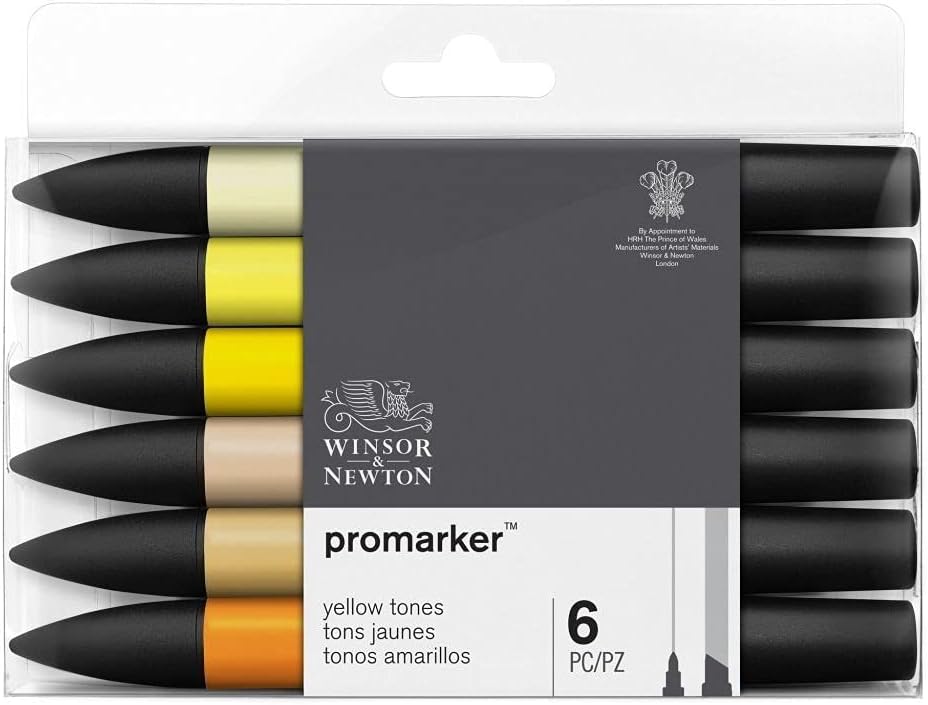 Winsor & Newton 0290157​ ProMarker, profesyonel mizanpaj kalemi, 2 uç, ince ve geniş, çizimler, tasarım ve mizanpaj için, sarı tonlarında 6 kalem